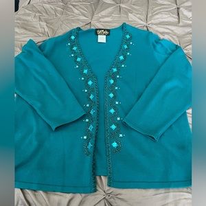 Bob Mackie Women's Size Large Teal Sequin Beaded Wearable Art Cardigan Sweater